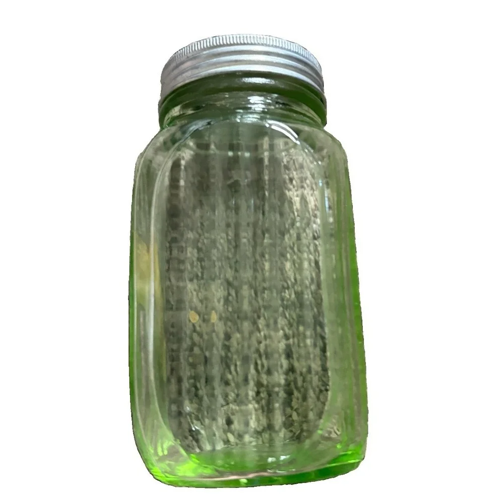 Vtg Hazel Atlas Uranium Vaseline Glass Range Top Shaker Orig Aluminum Lid UV Rx